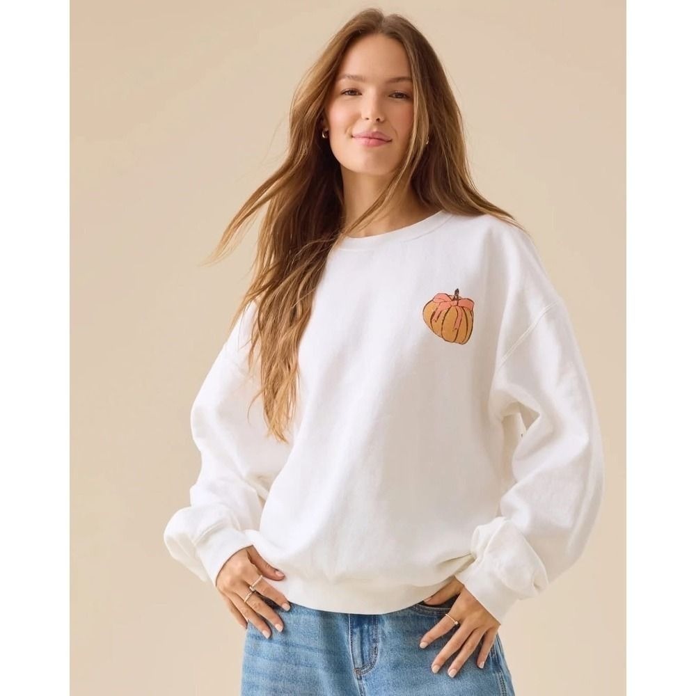 Altar'd State Fall Bucket List Pumpkin Graphic Sweatshirt Cream Size XS/S - Picture 2 of 7